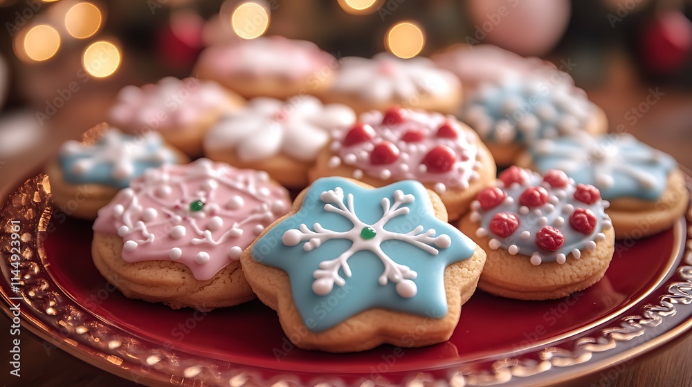 A variety of homemade cookies with red and green icing on a red plate A variety of homemade cookies with red and green icing on a red plate