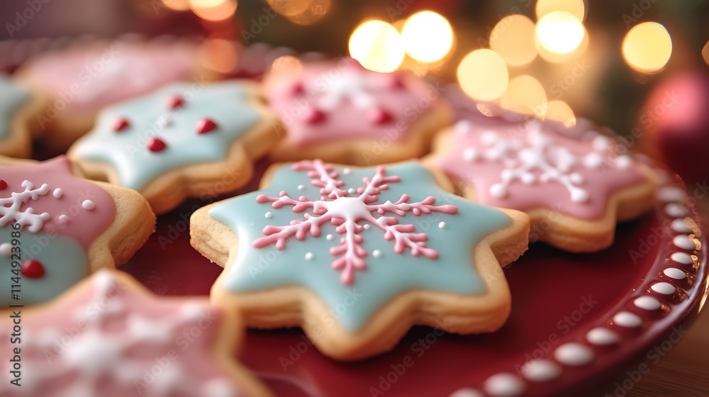 A variety of homemade cookies with red and green icing on a red plate A variety of homemade cookies with red and green icing on a red plate