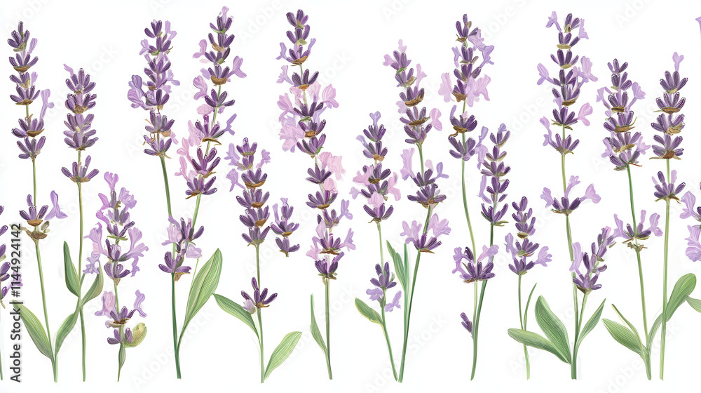 Naklejka premium A high-definition portrayal of lavender sprigs, soft pastel purple hues blending with delicate green stems, meticulously detailed and set against a seamless white background. The composition highlight