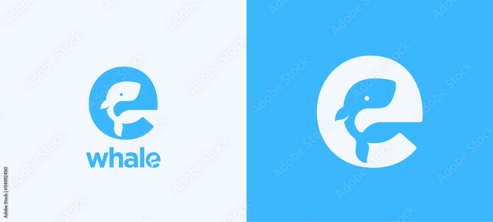 Whale Abstract Vector Logo Template, Sign Icon. Cute Little Whale Silhouette Incorporated in the Letter E. Negative Space Creative Monogram Concept with Modern Typography. Isolated Whale Abstract Vector Logo Template, Sign Icon. Cute Little Whale Silhouette Incorporated in the Letter E. Negative Space Creative Monogram Concept with Modern Typography. Isolated