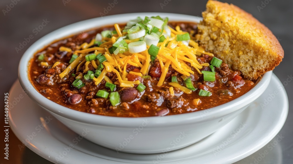 Hearty Bowl of Chili with Cheese and Cornbread on a Plate Hearty Bowl of Chili with Cheese and Cornbread on a Plate