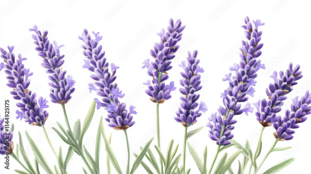 Obraz premium A high-definition portrayal of lavender sprigs, soft pastel purple hues blending with delicate green stems, meticulously detailed and set against a seamless white background. The composition highlight