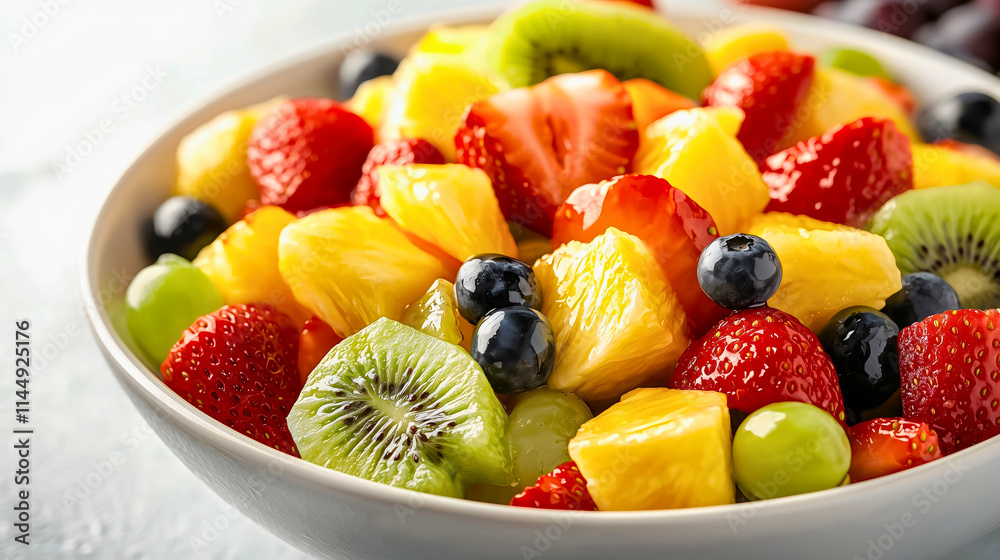 A beautiful and healthy mix of fruit salad with different types of tropical fruits, including pineapple, kiwi, strawberries, and other fruit varieties.
