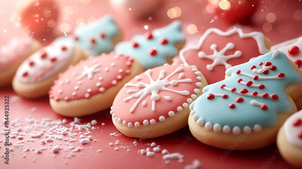 A festive collection of sugar cookies decorated with red and white icing arranged on a red surface A festive collection of sugar cookies decorated with red and white icing arranged on a red surface