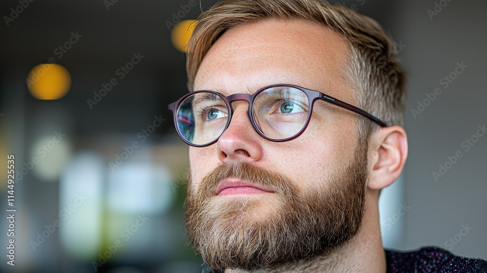 Close-up portrait of a thoughtful man with glasses and beard, looking upwards. Close-up portrait of a thoughtful man with glasses and beard, looking upwards.