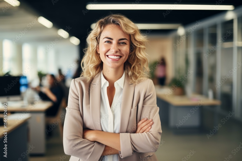 Confident businesswoman smiling with folded arms in a modern office, showcasing leadership and professionalism