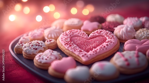 A tray of assorted Christmas cookies arranged in a heart shape on a red tablecloth