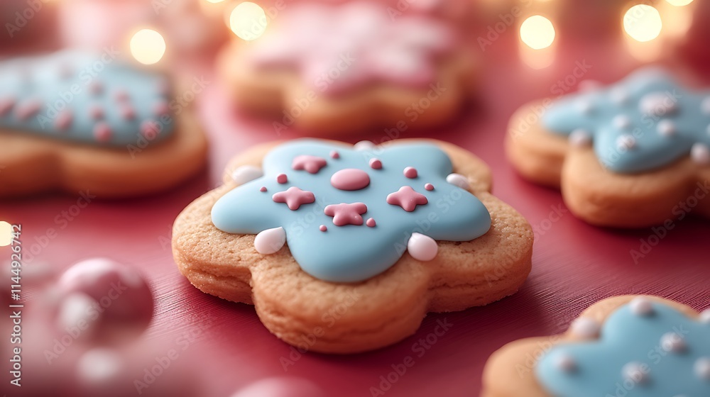 A close-up of Christmas cookies decorated with icing and festive shapes on a red backdrop A close-up of Christmas cookies decorated with icing and festive shapes on a red backdrop