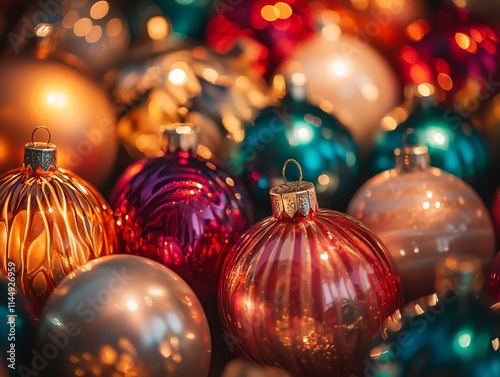 Holiday Magic with Shiny Christmas Baubles and Warm Glow - Made with Generative AI photo