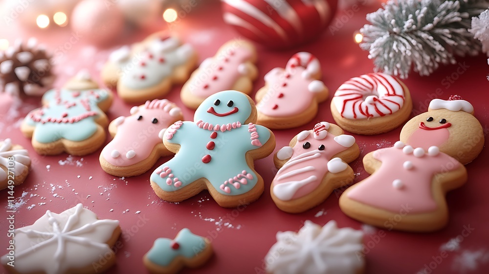 A selection of cookies in festive holiday shapes like gingerbread men and candy canes on a red backdrop A selection of cookies in festive holiday shapes like gingerbread men and candy canes on a red backdrop