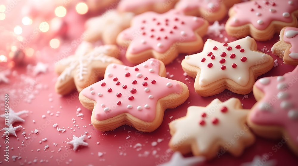 A decorative arrangement of holiday cookies with red and white icing on a red background A decorative arrangement of holiday cookies with red and white icing on a red background