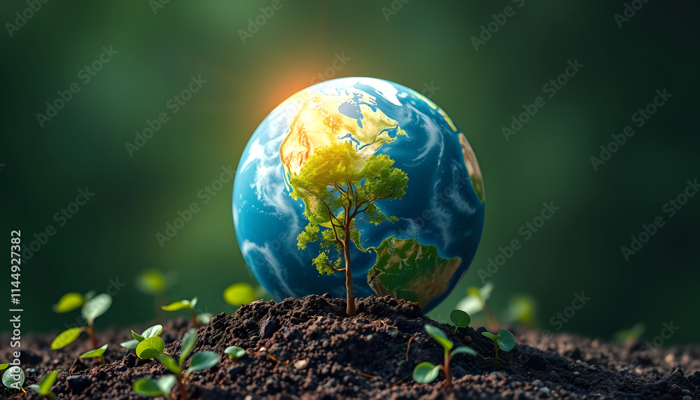 Globe and Planting trees to help increase oxygen in the air and reduce global warming, Save world save life and Plant a tree concept. image, ai, with white tones Globe and Planting trees to help increase oxygen in the air and reduce global warming, Save world save life and Plant a tree concept. image, ai, with white tones