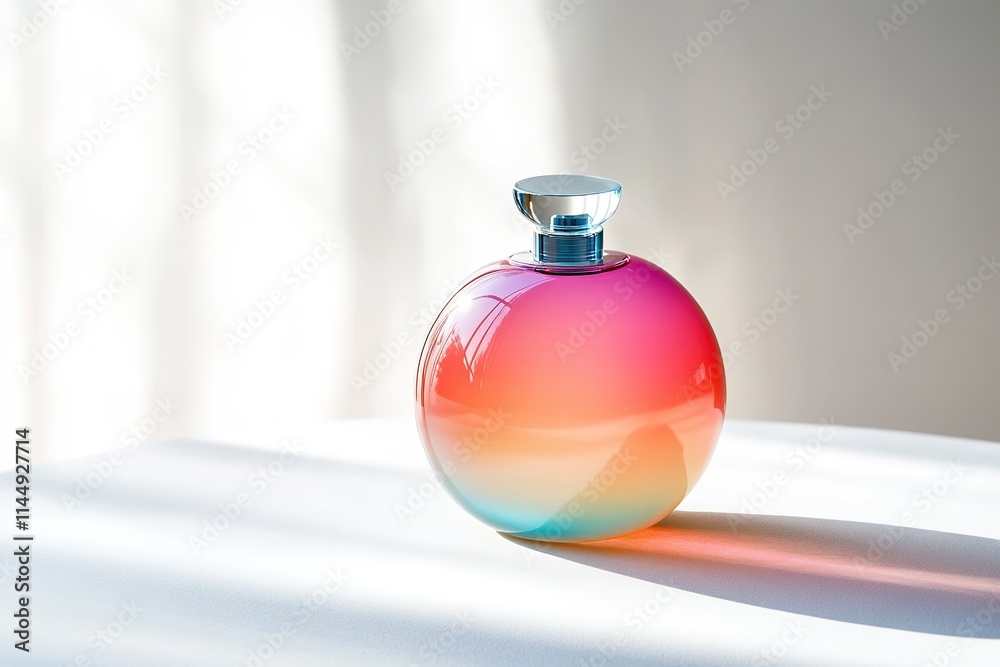 vibrant round perfume bottle with ombre design placed on smooth white surface under soft light vibrant round perfume bottle with ombre design placed on smooth white surface under soft light
