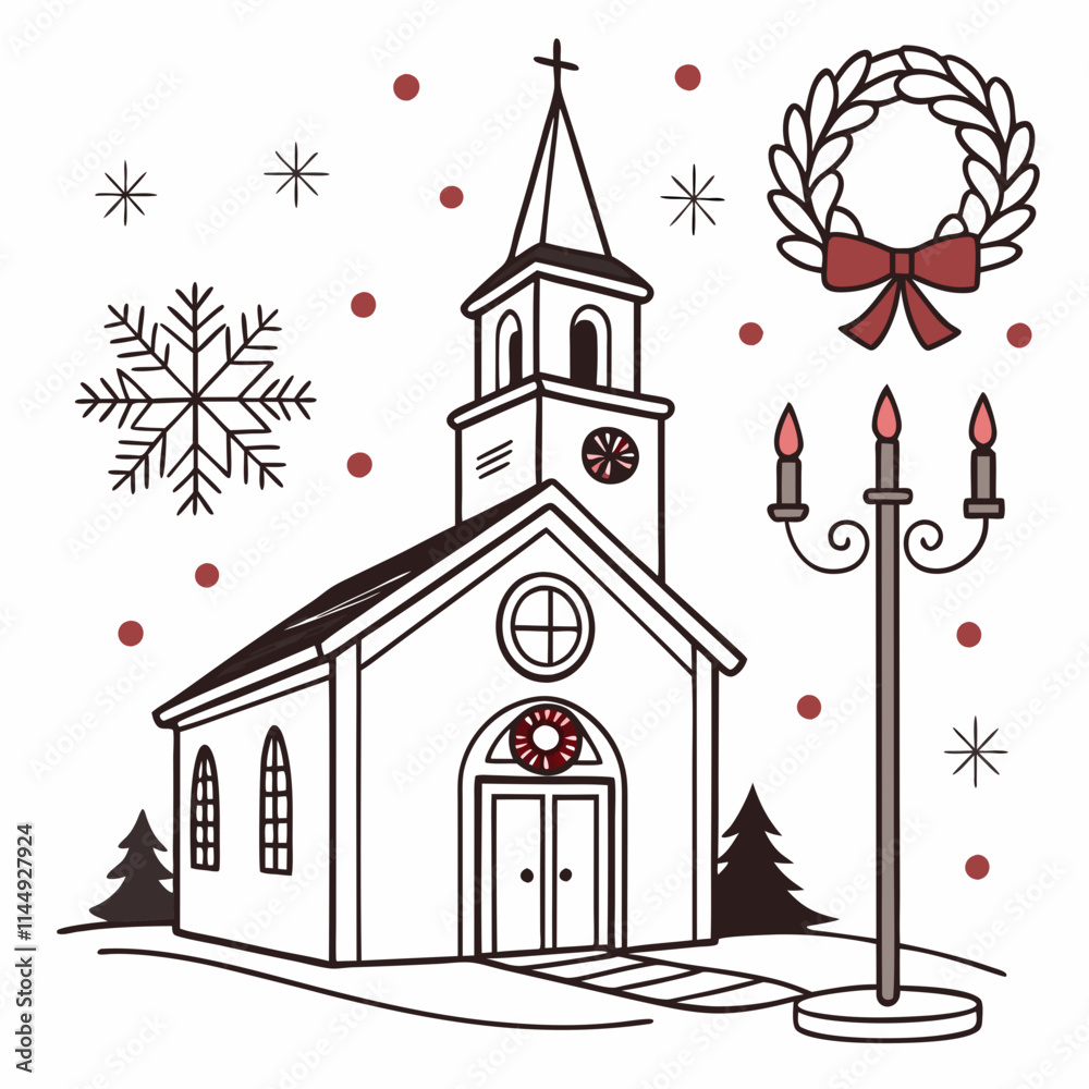 Christmas tree and church with candle decoration vector art on a white background Christmas tree and church with candle decoration vector art on a white background