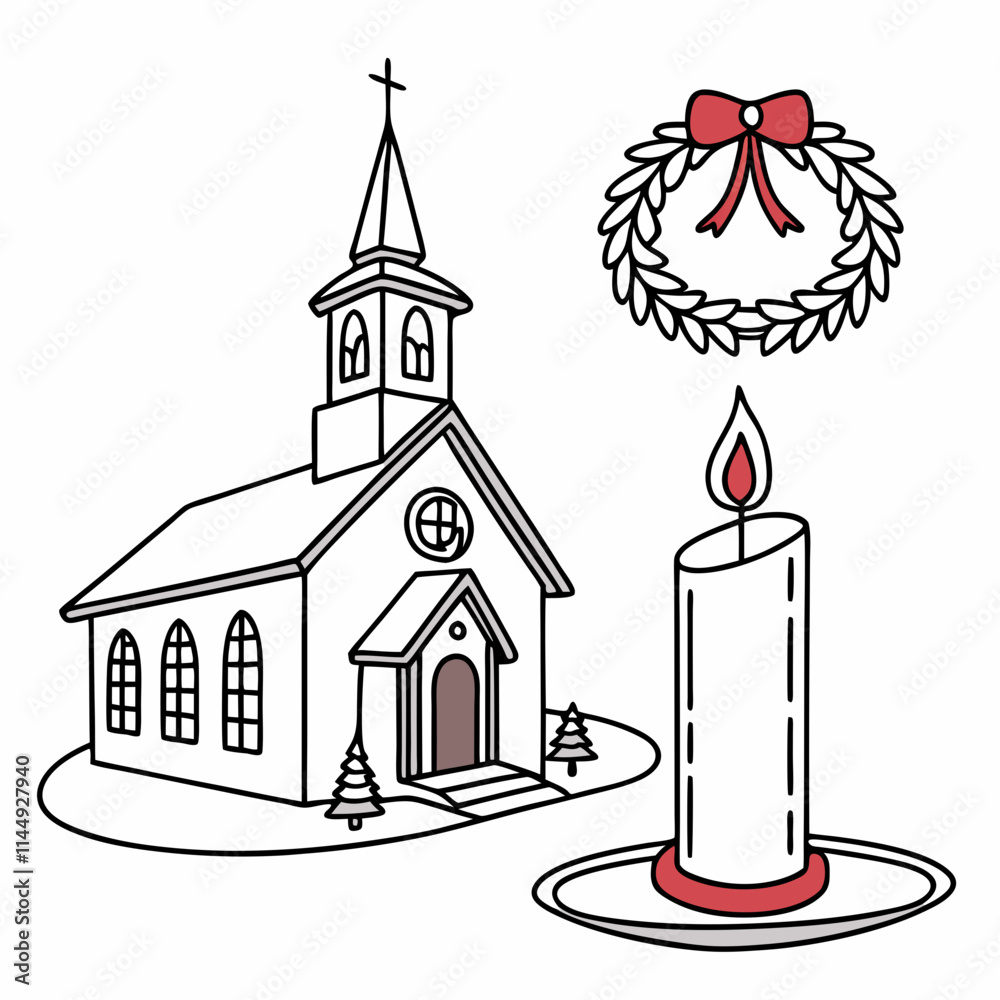 Obraz premium Christmas tree and church with candle decoration vector art on a white background 