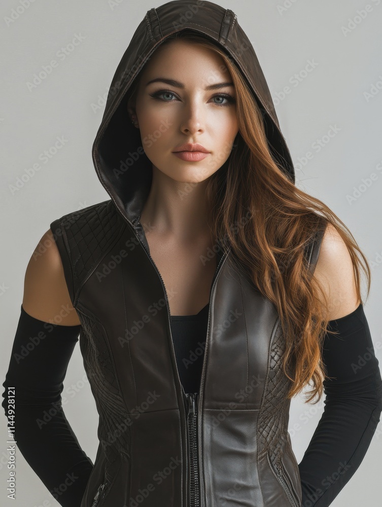 Fototapeta premium Beautiful Woman in Elegant Leather Vest with Hood, Front-View Product Shot