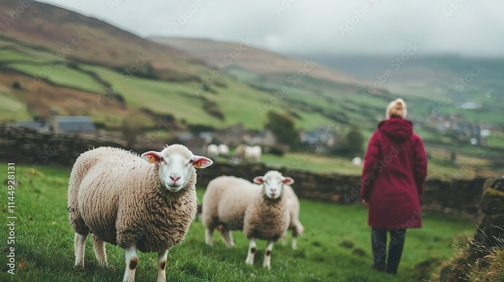 A farmer feeding sheep in a green pasture surrounded rolling hills A farmer feeding sheep in a green pasture surrounded rolling hills