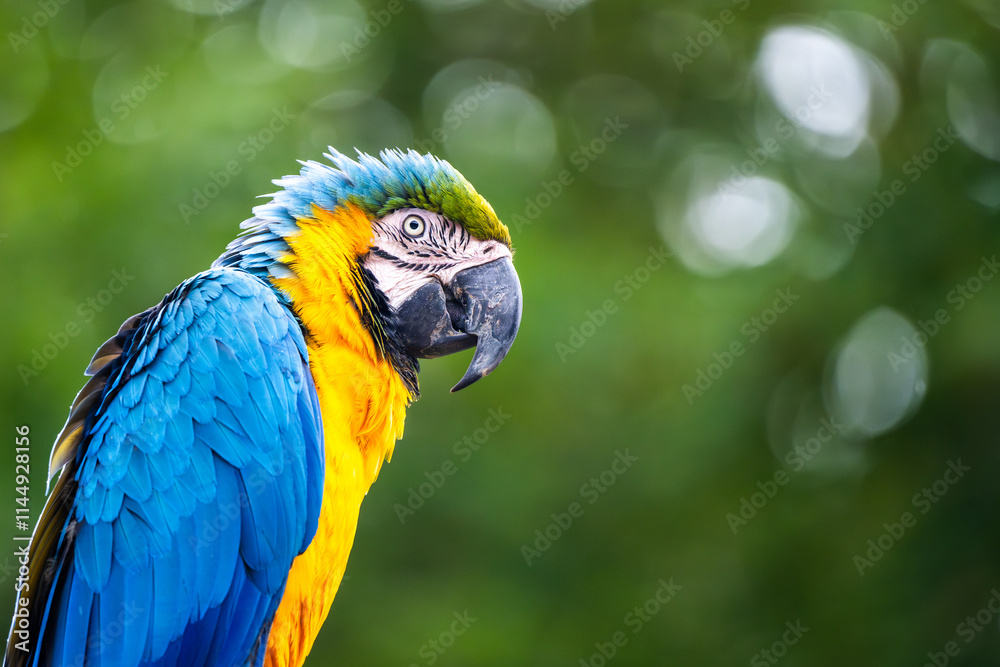 A blue-and-yellow macaw sits gracefully among the green background, showcasing its stunning plumage and watchful expression. This tropical bird enjoys a moment in nature, radiating beauty. A blue-and-yellow macaw sits gracefully among the green background, showcasing its stunning plumage and watchful expression. This tropical bird enjoys a moment in nature, radiating beauty.