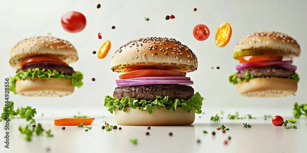 Colorful sesame bun burgers surrounded by floating vegetables like tomatoes and lettuce