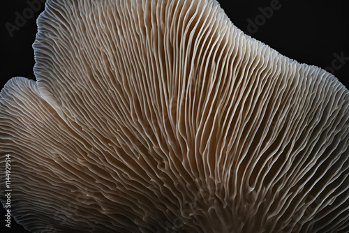Close-up of moist mushroom gills with fine, parallel lines, illuminated by soft light, set against a dark background.
