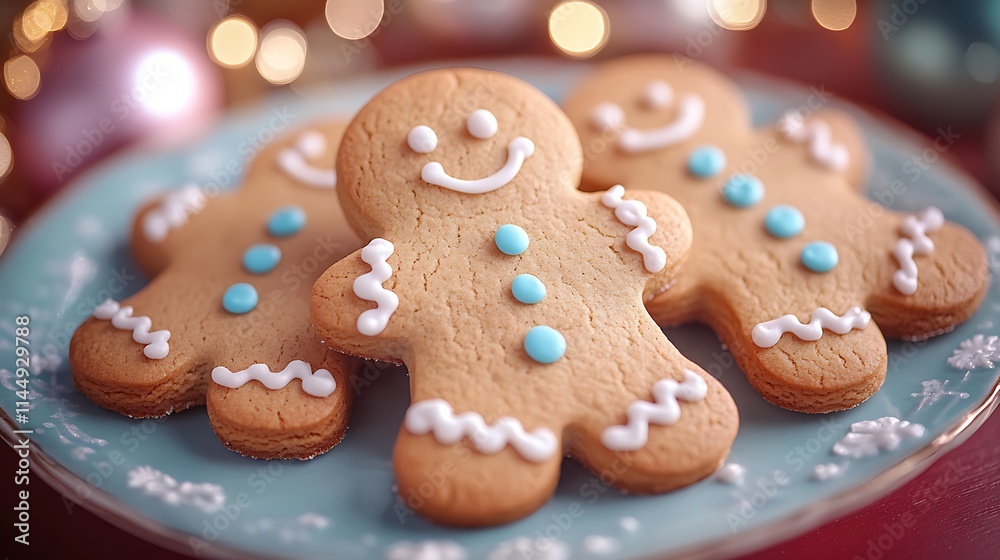 A festive plate of holiday cookies shaped like gingerbread men and decorated with icing on a red table