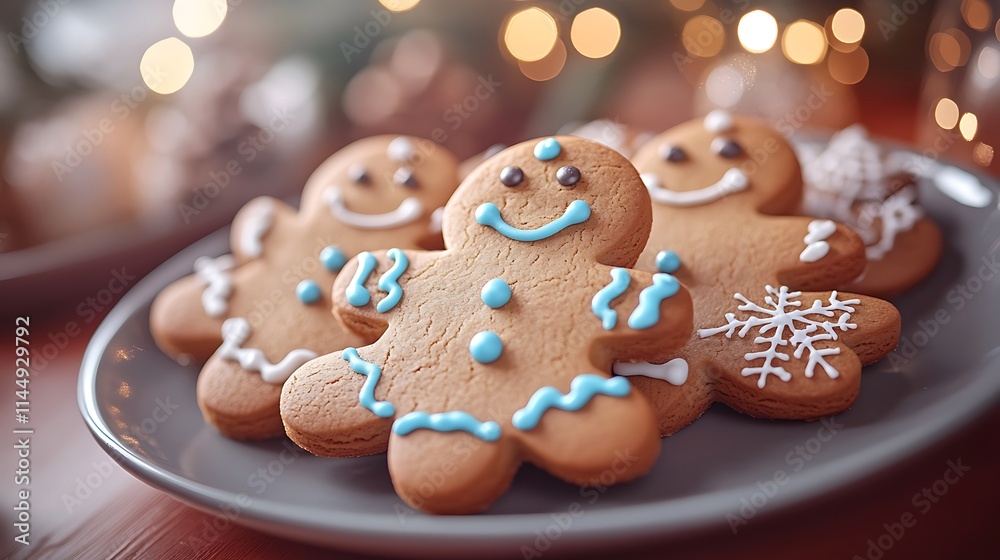 A festive plate of holiday cookies shaped like gingerbread men and decorated with icing on a red table A festive plate of holiday cookies shaped like gingerbread men and decorated with icing on a red table