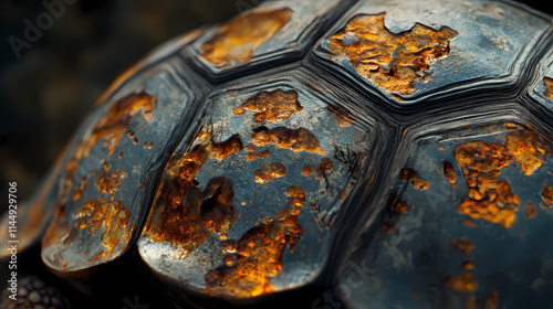 A close-up photo of a tortoise's shell with apparent rust spots on its exterior surface. Carapace. Illustration