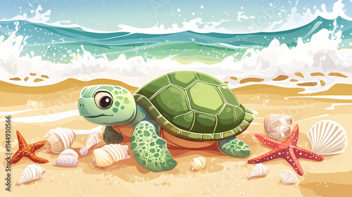 A simple cartoon turtle slowly walking on the beach, with seashells and starfish around it. Carapace. Illustration
