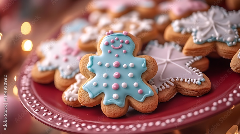A collection of gingerbread and sugar cookies decorated with colorful icing on a red plate A collection of gingerbread and sugar cookies decorated with colorful icing on a red plate
