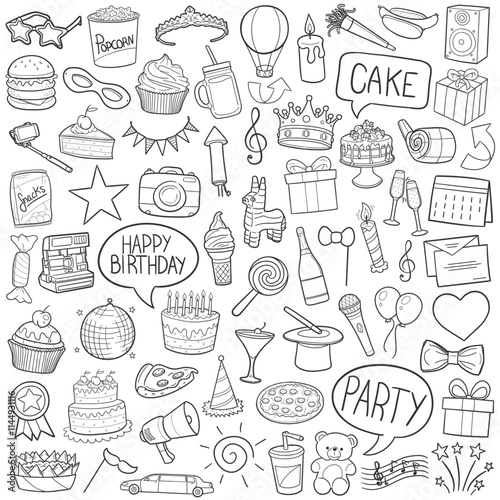 Bundle Happy Birthday Party Traditional Doodle Icons Sketch Hand Made Design Vector.