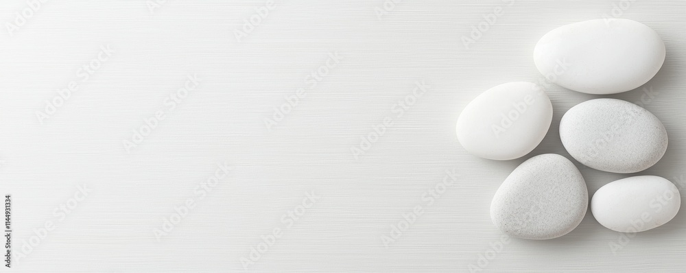 A serene arrangement of smooth white pebbles on a light background, evoking calmness and simplicity in design. A serene arrangement of smooth white pebbles on a light background, evoking calmness and simplicity in design.