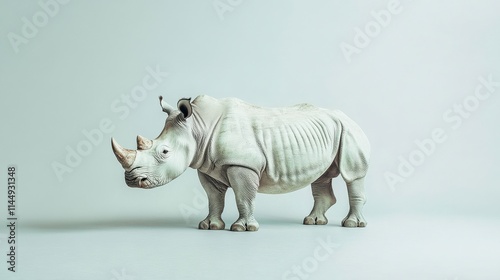 Realistic 3D Illustration of a Strong Rhino Standing on a Minimalistic Background with Soft Lighting Showcasing Natural Textures and Animal Characteristics photo