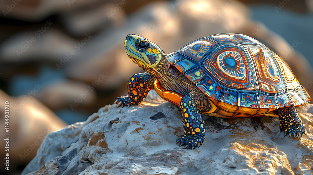 Obraz premium A vibrant, patterned turtle perched atop a weathered rock, its shell reflecting the ambient light, revealing a captivating mosaic of colors and textures. Carapace. Illustration