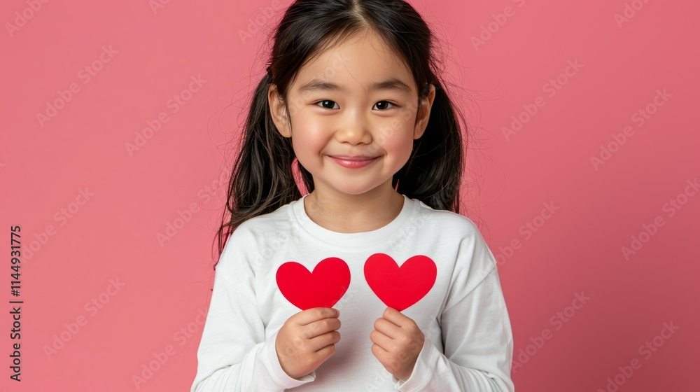 Happy young Asian girl holding red heart-shaped paper cutouts on a pink background. Studio shot of a smiling child with a love symbol Happy young Asian girl holding red heart-shaped paper cutouts on a pink background. Studio shot of a smiling child with a love symbol