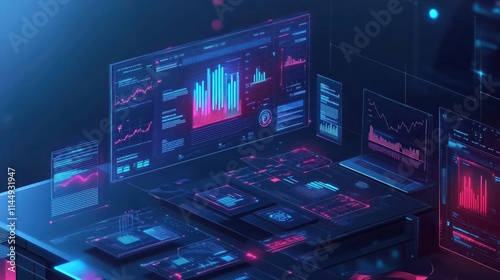 Ai Computer visualization of data analytics on futuristic displays