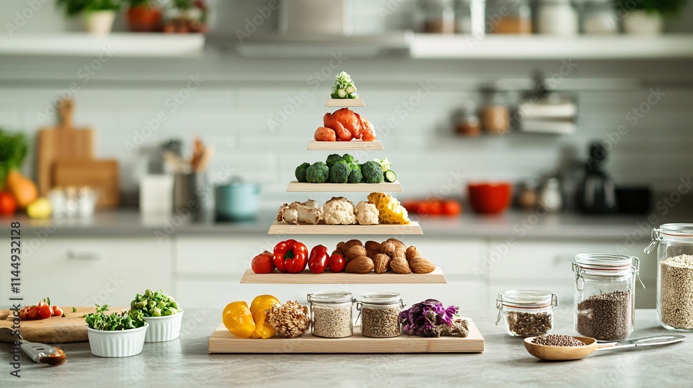 A vibrant pyramid arrangement of fresh vegetables, nuts, and grains showcasing healthy eating in a modern kitchen, perfect for promoting wellness and balanced diets. A vibrant pyramid arrangement of fresh vegetables, nuts, and grains showcasing healthy eating in a modern kitchen, perfect for promoting wellness and balanced diets.