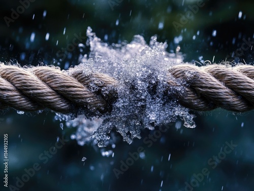 Raindrops freezing on rope in winter photo