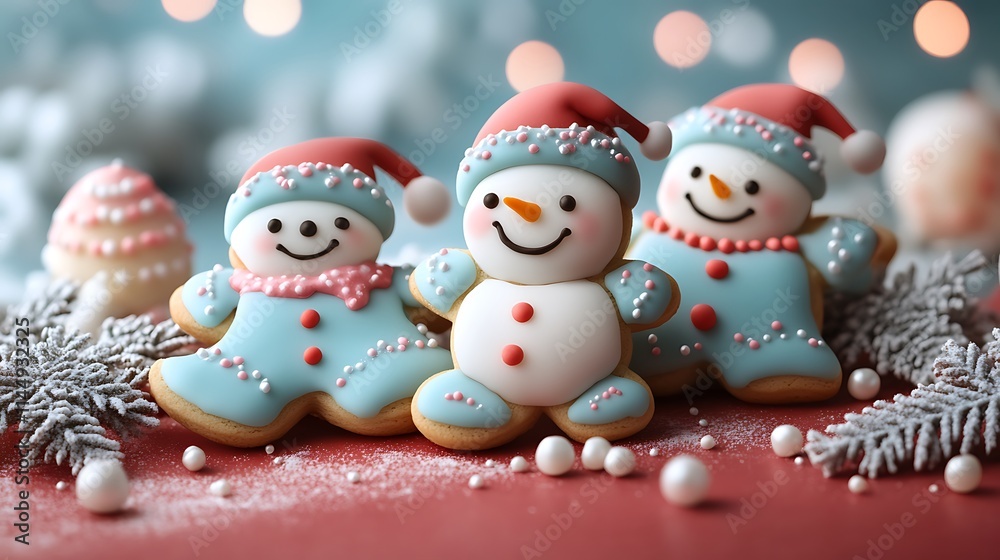 A variety of Christmas cookies decorated with icing and colorful sprinkles displayed on a red table A variety of Christmas cookies decorated with icing and colorful sprinkles displayed on a red table