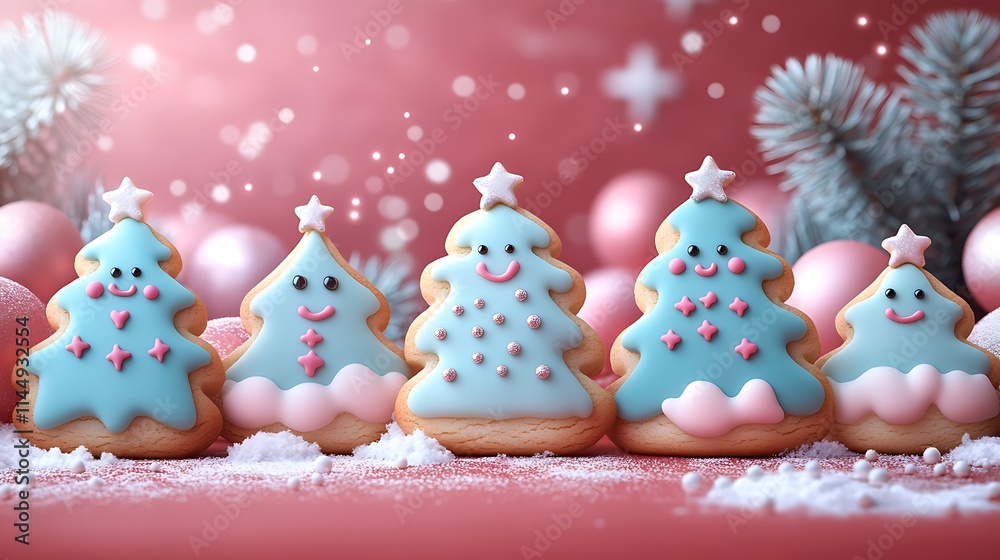 Fototapeta premium A festive display of cookies shaped like Christmas trees and stars on a red background