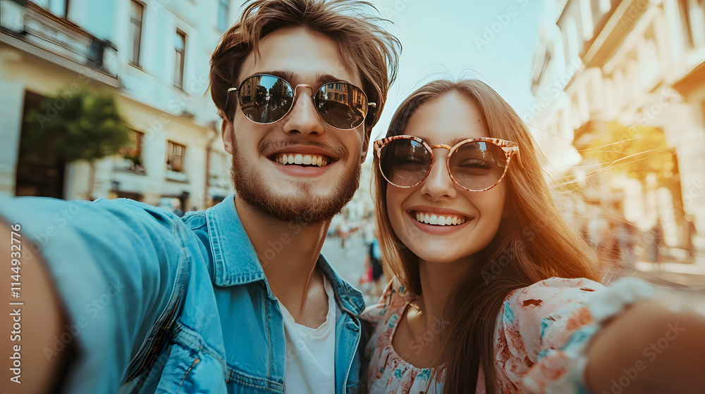 A smiling couple taking a selfie with their smartphone while enjoying a summer day on the street. A smiling couple taking a selfie with their smartphone while enjoying a summer day on the street.