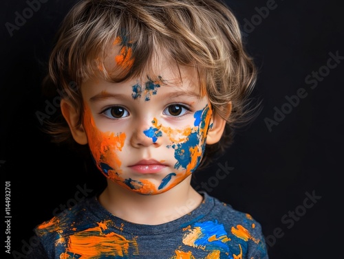 Adorable child with blonde hair and artistic blue and orange face paint, expressing innocent creativity and bold contrasts under natural lighting