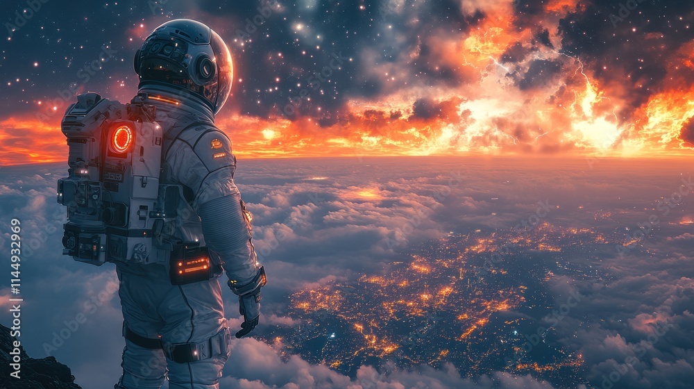 Astronaut overlooking a fiery sunset above a sprawling city lightscape from a high altitude, amidst clouds and stars. Astronaut overlooking a fiery sunset above a sprawling city lightscape from a high altitude, amidst clouds and stars.