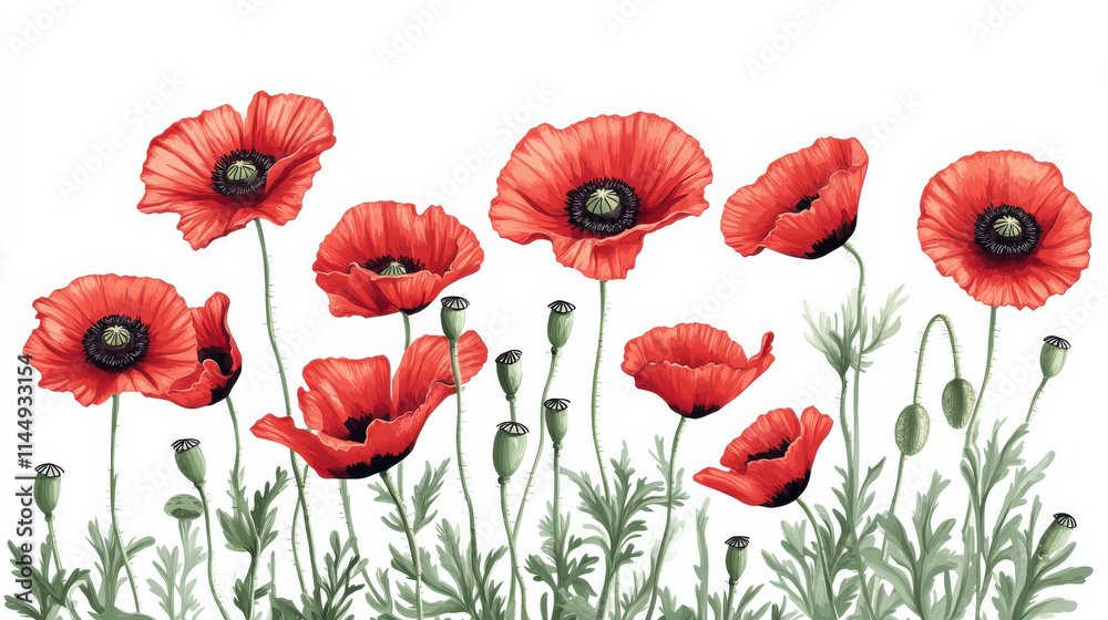 A crisp depiction of vivid red poppy flowers with black centers, gracefully arched stems, and fine details in the petals and leaves. The bold colors pop distinctly against the pure white background, c A crisp depiction of vivid red poppy flowers with black centers, gracefully arched stems, and fine details in the petals and leaves. The bold colors pop distinctly against the pure white background, c