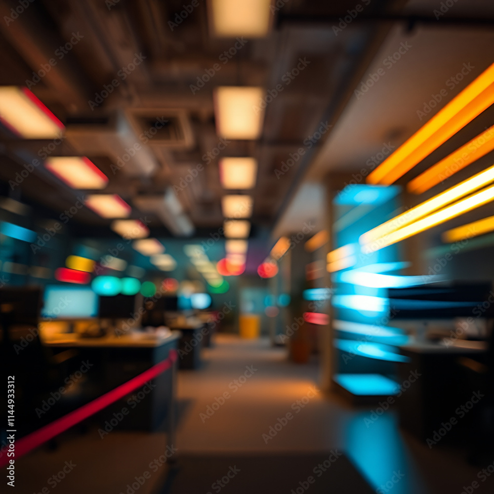 Blurry image of a busy office space at night, with lights and equipment Blurry image of a busy office space at night, with lights and equipment