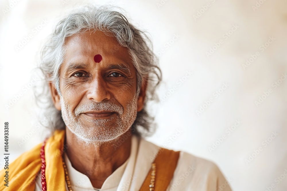 close-up of confident elderly man with natural gray hair wearing traditional outfit against softly blurred white background close-up of confident elderly man with natural gray hair wearing traditional outfit against softly blurred white background