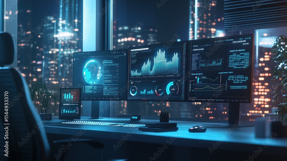 Ai Computer city monitoring and analytics workstation with data visualizations Ai Computer city monitoring and analytics workstation with data visualizations
