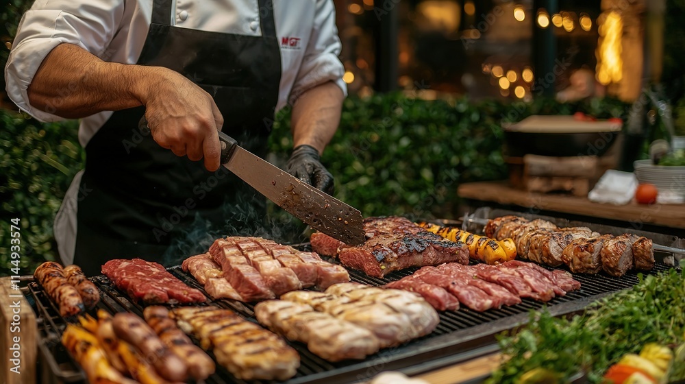 A chef expertly grilling meats and vegetables at an outdoor barbecue A chef expertly grilling meats and vegetables at an outdoor barbecue