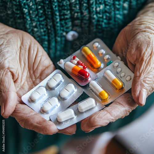 Elderly woman holding blister packs of pills