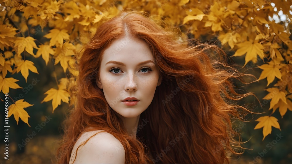 Redhead Woman with Flowing Hair Surrounded by Golden Autumn Leaves
Redhead Woman with Flowing Hair Surrounded by Golden Autumn Leaves