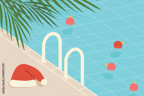 spending christmas on a tropcial vacation, swimming pool, palm leaves, santa hat and baubles - vector illustration